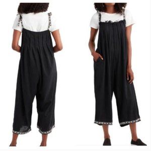 NWOT World Market Black Boho Embroidered Tie Strap Wide Leg Crop Jumpsuit